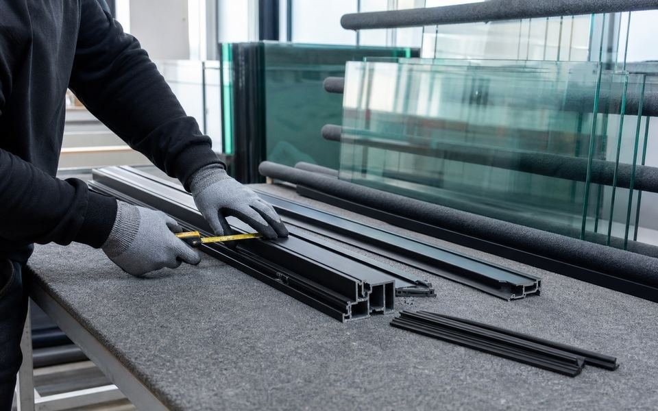 Atölyede ölçüye göre hazırlanan alüminyum profiller ve temperli camlar