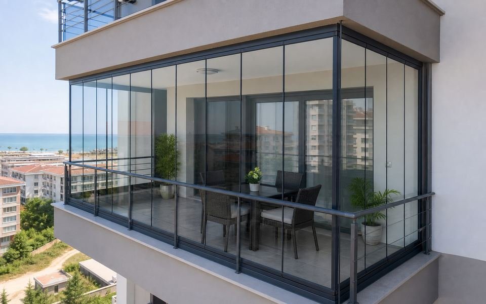 Kapatılmış cam balkon sistemi ve temiz teslim edilmiş balkon alanı