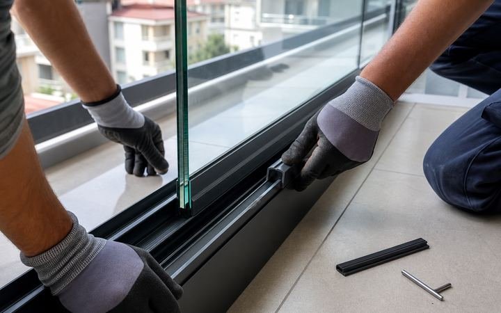 Montaj ekibinin cam ve doğrama panelini yerine alıştırması