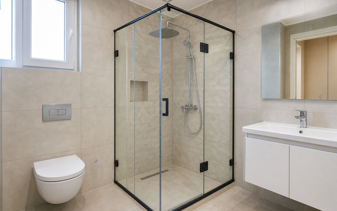 Mat siyah profilli temperli cam duşakabin montajı tamamlanmış banyo